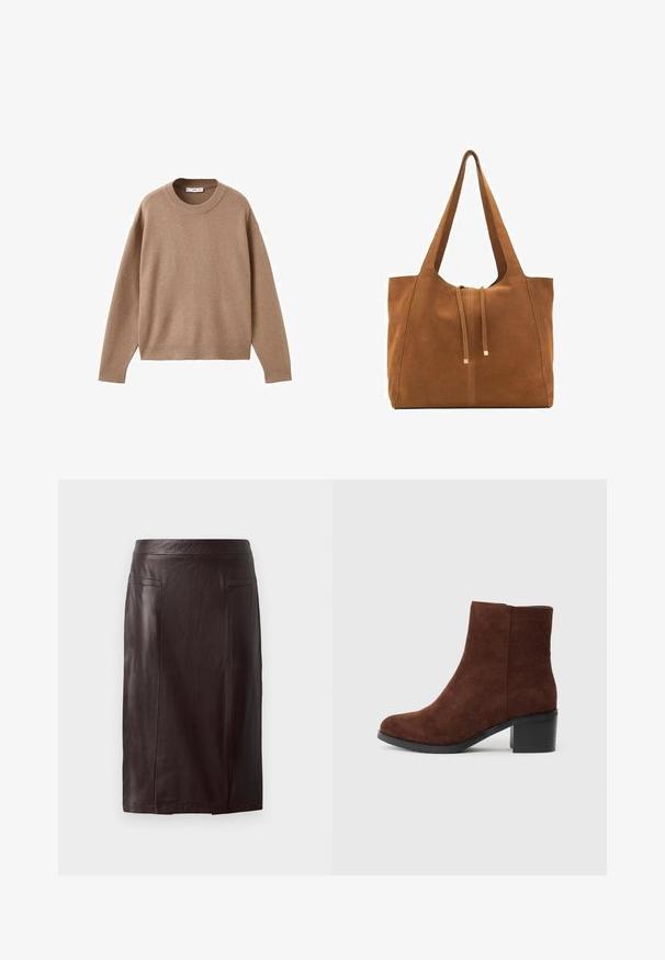 Pulover bej deschis cu mâneci lungi și gât rotund, cu manșete, tiv și guler ribb. Este expus plat pe un fundal alb.; Fustă din piele maro cu o textură netedă, având talie înaltă, două buzunare frontale și o croială până la genunchi.; Botina din suede maron cu vârf rotund, toc negru stratificat și finisaj neted, având o închidere laterală cu fermoar pentru o utilizare ușoară.; Geantă tote din suede maro cu două mânere lungi, închidere prin șnur și un design minimalistic. Textură netedă și fără accente vizibile de hardură.