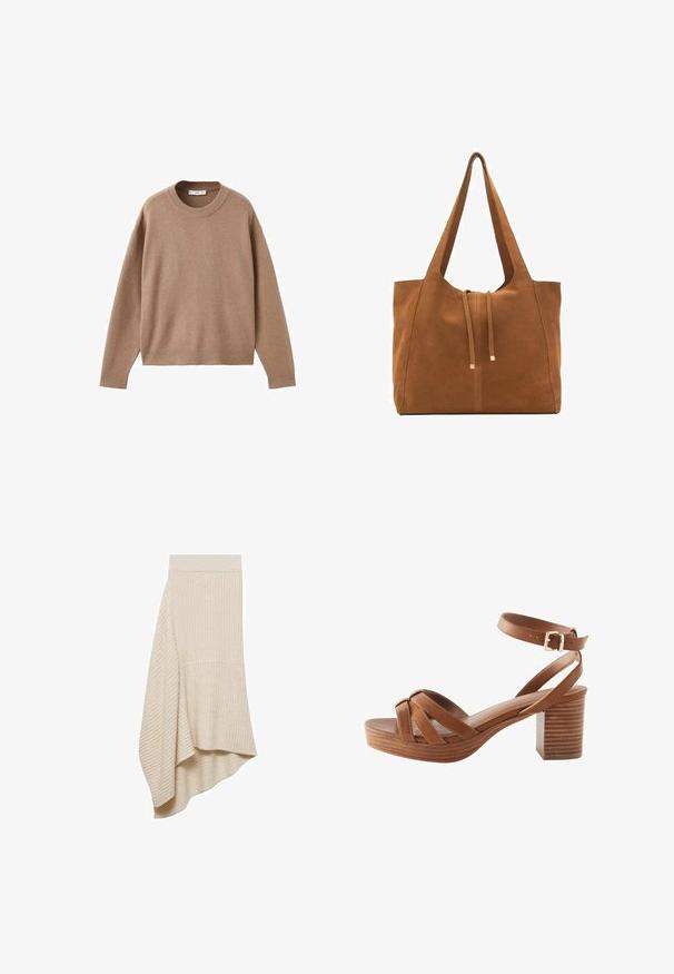 Blød beige langærmet crewneck sweater med ribbede manchetter, kant og krave, præsenteret fladt på en hvid baggrund.; Mango Maxinederdele - off-white; Next Plateausandaler - tan brown; Brun ruskinds-tote med to lange stropper, snørelukning og minimalistisk design. Glat tekstur og ingen synlige hardware-detaljer.