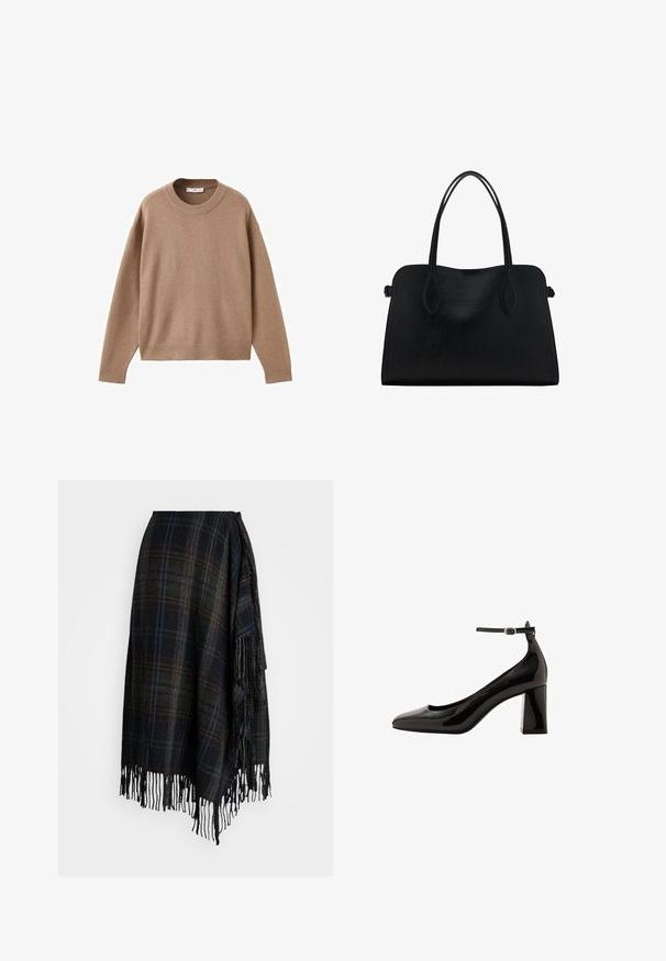 Pulover bej deschis cu mâneci lungi și gât rotund, cu manșete, tiv și guler ribb. Este expus plat pe un fundal alb.; Fustă din lână cu un model în carouri întunecate și tiv franjurat. Prezintă nuanțe de negru, verde și albastru, cu o închidere legată pe lateral.; Pantofi cu toc cu curea la gleznă din piele patentată neagră, cu un finisaj glossy, vârf ascuțit și toc gros. Textură netedă, detalii minime.; Geantă din piele neagră cu două mânere pentru umăr, formă rectangulară și design minimalistic pe un fundal alb.