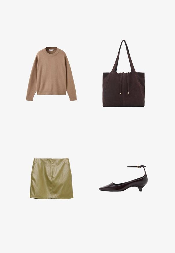 Mjuk beige långärmad tröja med rund halsringning, med ribbade muddar, fåll och halsringning, uppvisad liggandes på en vit bakgrund.; Olivgrön fusk läder minikjol med sidfickor, slät textur och en enkel, rak skärning. Har en dold framseam.; Mörkbrun spetsig läderkattklackssko med en tunn ankelrem och en liten guldkopp.; Mango Shoppingväska - dark brown