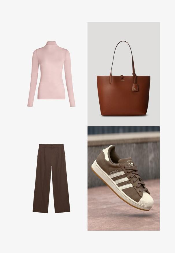 Mjuk beige långärmad tröja med rund halsringning, med ribbade muddar, fåll och halsringning, uppvisad liggandes på en vit bakgrund.; Ljusrosa, långärmad polotröja med smal passform och slät textur.; Bruna vida byxor tillverkade av ett mjukt tyg, med hög midja, framtida veck och två sidofickor.; Bruna mockasiner i mocka med vita ränder, krämfärgade detaljer och en gummitå. Har snörning och en texturerad gummisula.; Brun pebblat läder tote-väska med två handtag, en liten bifogad etikett och en subtil logotyp på framsidan. Slät textur med en strukturerad form.