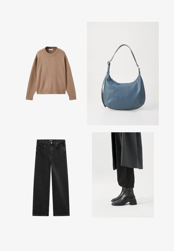 Soft beige long-sleeve crewneck sweater with ribbed cuffs, hem, and neckline, displayed flat on a white background.; Wide-leg black denim jeans with a subtle vertical stripe pattern, featuring five-pocket design and a classic button closure at the waist.; Black leather ankle boots with a square toe and chunky heel, worn with loose black trousers and a dark gray coat. Smooth surface texture.; Blue leather handbag with a rounded shape, single shoulder strap, zip closure, and embossed brand name on the front. Smooth texture.