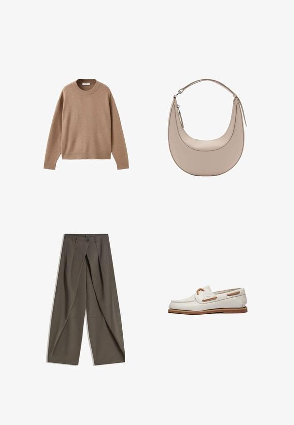 Mehak bež dolg rokav pulover s krožnim izrezom, z rebrastimi manžetami, obrobo in izrezom, prikazan na beeli podlagi.; Široke hlače iz teksturiranega temno sive tkanine. Imajo sprednji zarezan, gumb za zapiranje in stranske žepe za praktičnost.; Bela usnjena čolnarka z gladko teksturo, ki ima rjave poudarke, detajl čipk in gumijast podplat. Minimalistična zasnova z diskretnimi šivi.; Bež usnjena torba za rame v obliki kružnice, z gladko teksturo in eno ukrivljeno zanko. Ima zadrgo in urejen šiv.