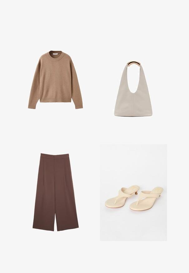 Zachte beige lange mouw crewneck trui met geribbelde manchetten, zoom en halslijn, plat weergegeven op een witte achtergrond.; Bruine wijde broek met een gladde textuur, voorzien van een hoge taille en plooien aan de voorkant. De stof is lichtgewicht en valt losjes.; Beige teensandalen met een gladde synthetische bovenkant en een kleine blokhak. Minimalistisch ontwerp met een teenpost en een afgeronde voetbed.; Lichtgrijze leren tas met een U-vormig ontwerp en een gebogen metalen handvat. Glad oppervlak met minimale stiksels en geen zichtbare patronen.