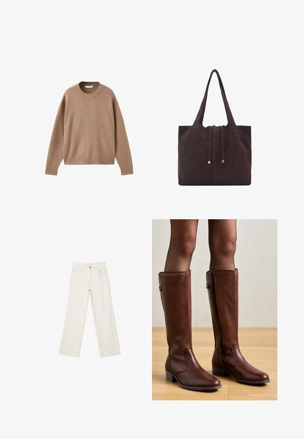 Soft beige long-sleeve crewneck sweater with ribbed cuffs, hem, and neckline, displayed flat on a white background.; White wide-leg jeans made of denim, featuring a high-rise waist, front pockets, and a button closure. Clean design with minimal accents.; Anna Field LEATHER - Boots - brown; Mango Tote bag - dark brown