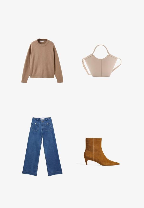 Mehak bež dolg rokav pulover s krožnim izrezom, z rebrastimi manžetami, obrobo in izrezom, prikazan na beeli podlagi.; Jeans širokih nogavic iz denima z medenim modrim pranjem, dvema sprednjima žepoma z gumbnimi zaprtji in šivanjem ob robovih.; Rjav suede gleženjski škorenj z najtanjšim nosom in nizko kitten peto. Oblikovanje vključuje gladko teksturo in brezšivni zgornji del.; Bežna usnjena torbica edinstvene oblike, z dvema kratkima ročajema in dolgim nastavljivim trakom. Gladka tekstura z minimalno kovinsko opremo.