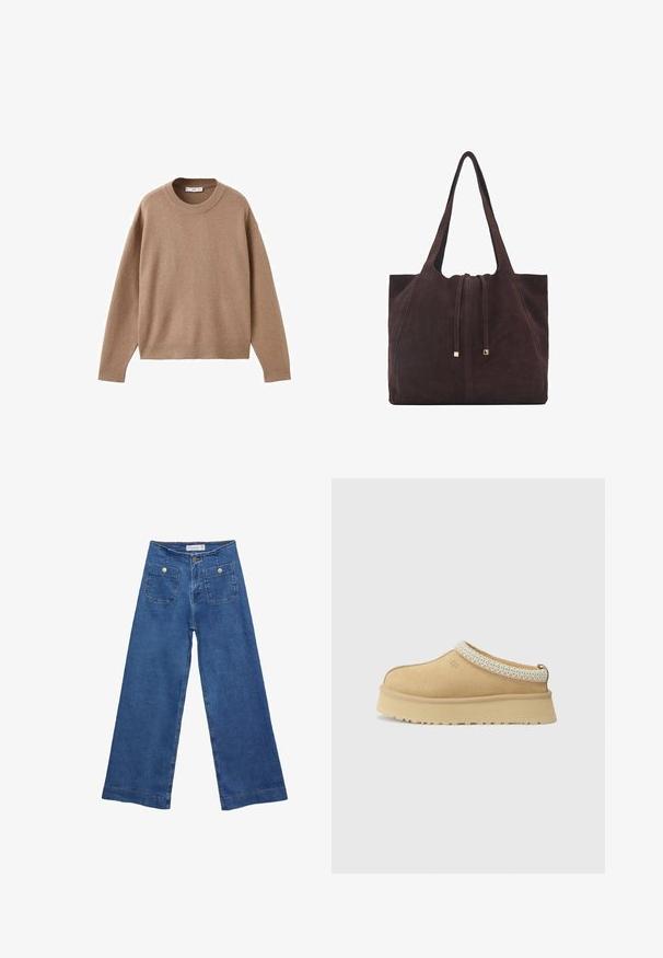 Mehak bež dolg rokav pulover s krožnim izrezom, z rebrastimi manžetami, obrobo in izrezom, prikazan na beeli podlagi.; Jeans širokih nogavic iz denima z medenim modrim pranjem, dvema sprednjima žepoma z gumbnimi zaprtji in šivanjem ob robovih.; Tan zamahani čevlji brez vezalk z oblazinjeno ovratnico in strukturiranim svetlo modrim poudarkom. Imajo debel, trpežen podplat z vzorčastim profilom.; Mango Torba za nakupovanje - dark brown