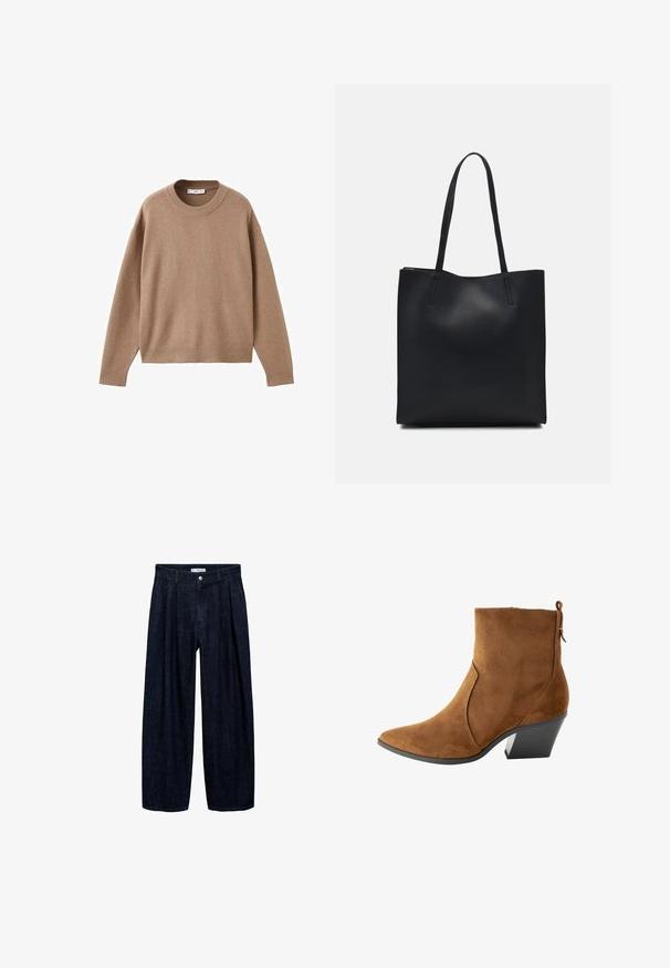 Nježni bež džemper dugih rukava s okruglim izrezom, s rebrastim manžetama, donjim rubom i izrezom, prikazan ravno na bijeloj pozadini.; Tamno plave široke hlače s plisama na struku, s prednji gumbom i petljama za remen. Glatka tekstura i dizajn punih dužina.; Smeđi antilop čizme do gležnja s špicastim vrhom, uglatijom siluetom i složenim potplatom. Ima zatvaranje na patentni zatvarač i traku za povlačenje na zadnjoj strani.; Crna kožna torba za nošenje s glatkom teksturom, pravokutnim oblikom i dvije duge ručke. Nema vidljivih metalnih dijelova ili ukrasa.