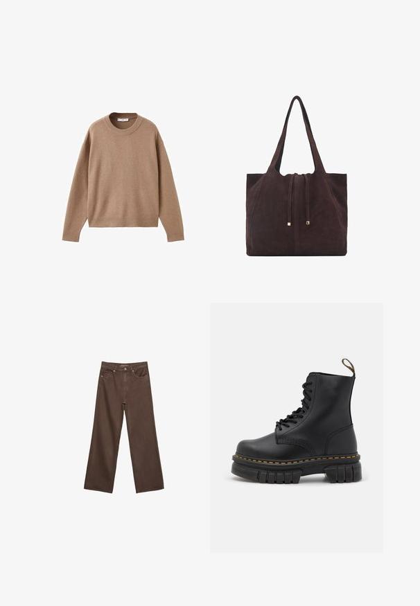 Miękki beżowy sweter z długim rękawem i okrągłym dekoltem, z prążkowanymi mankietami, dolnym obszyciem i dekoltem, wyeksponowany na płasko na białym tle.; Szerokie brązowe dżinsy wykonane z denimu, z wysokim stanem, przednimi kieszeniami i klasycznym zapięciem na guzik. Gładka faktura z subtelnym przeszyciem.; Czarne skórzane buty za kostkę z sznurowaniem, z grubą podeszwą, żółtym przeszyciem, zaokrąglonym noskiem oraz uchwytem z tyłu ułatwiającym zakładanie.; Mango - Torba na zakupy