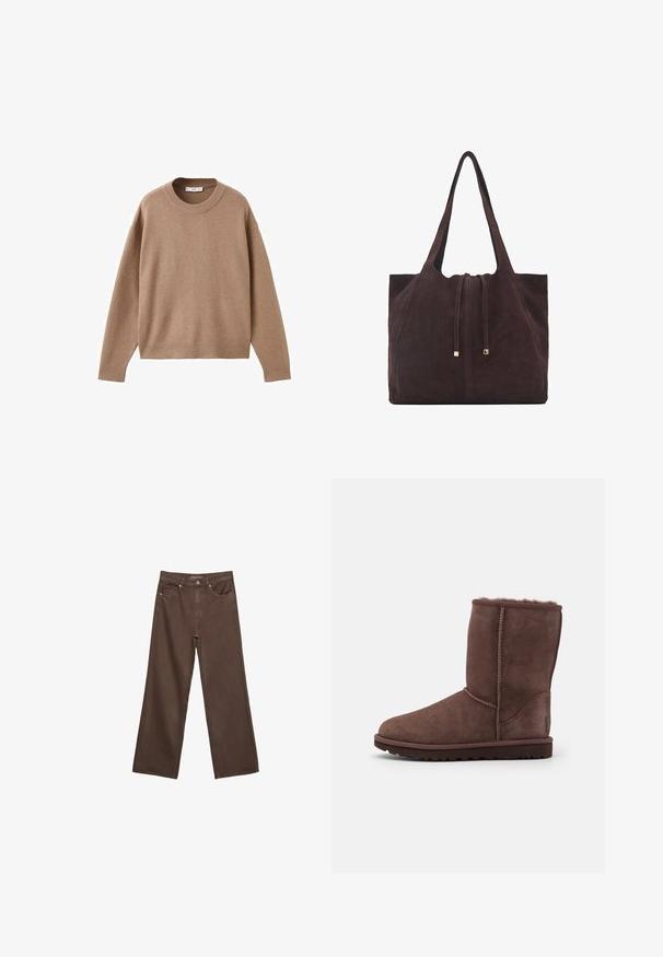 Měkký béžový svetr s dlouhým rukávem a kulatým výstřihem, ribovanými manžetami, lemem a výstřihem, vyložený na bílém pozadí.; Hnědé džíny s širokými nohavicemi vyrobené z denimu, s vysokým pasem, předními kapsami a klasickým zapínáním na knoflík. Hladká textura s jemným švem.; Hnědé semišové kotníkové boty s měkkou ovčí vlnou uvnitř, kulatou špičkou a gumovou podrážkou. Mají švy podél strany a zadní části.; Mango Velká kabelka - dark brown