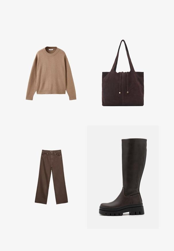 Mehak bež dolg rokav pulover s krožnim izrezom, z rebrastimi manžetami, obrobo in izrezom, prikazan na beeli podlagi.; Široke rjave kavbojke iz denima, ki imajo visok pas, sprednje žepe in klasično zapiranje na gumb. Gladka tekstura s subtilnim šivom.; Rjave usnjene škornje do kolen z masivno črno platformo in minimalno šivanjem. Eleganten dizajn z gladko teksturo.; Mango Torba za nakupovanje - dark brown
