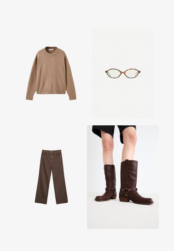 Nježni bež džemper dugih rukava s okruglim izrezom, s rebrastim manžetama, donjim rubom i izrezom, prikazan ravno na bijeloj pozadini.; Proširene smeđe traperice od denima, s visokim strukom, prednjim džepovima i klasičnom kopčom na dugme. Glatka tekstura s suptilnim šavovima.; Smeđe kožne čizme do koljena s okruglim vrhom, teksturiranom površinom, remenom oko gležnja i detaljima od srebrnog hardvera; s naboranim potplatom.; Naočale u boji kornjače s ovalnim staklima i elegantnim, glatkim završetkom. Imaju tanke strane s suptilnom krivuljom na sljepoočnicama. Prozirna stakla.