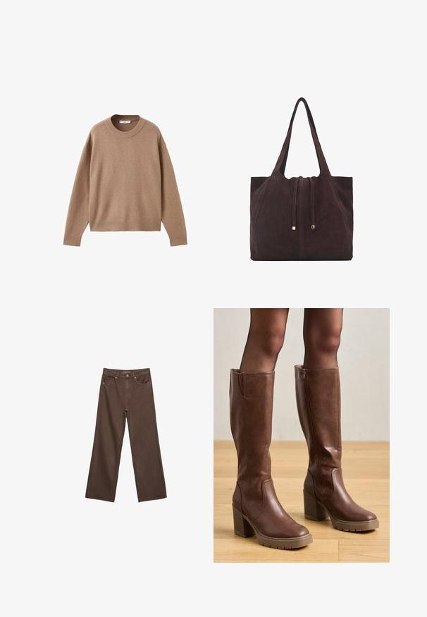Nježni bež džemper dugih rukava s okruglim izrezom, s rebrastim manžetama, donjim rubom i izrezom, prikazan ravno na bijeloj pozadini.; Proširene smeđe traperice od denima, s visokim strukom, prednjim džepovima i klasičnom kopčom na dugme. Glatka tekstura s suptilnim šavovima.; Anna Field Čizme s platformom - cognac; Mango Velika torba - dark brown