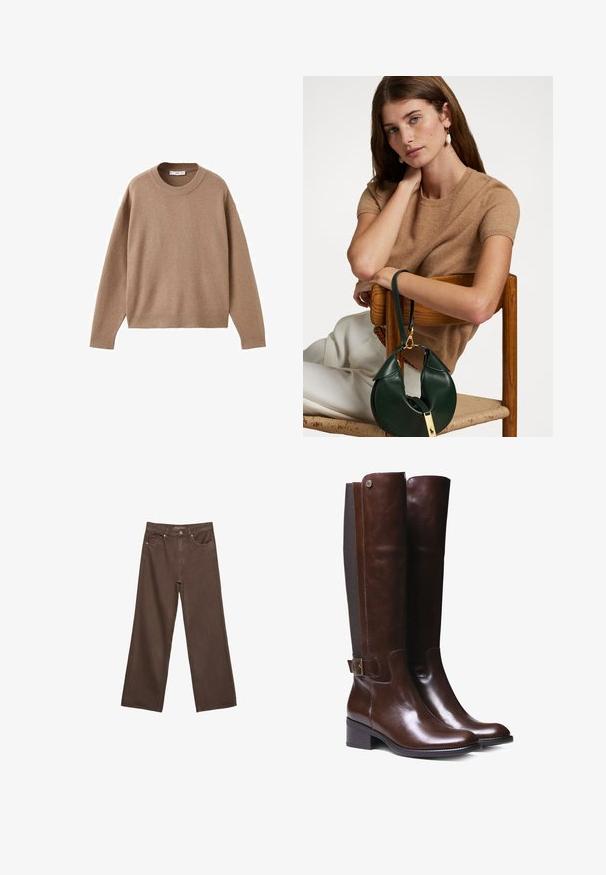 Pehmeä beige pitkähihainen pyöreäkauluksinen villapaita, jossa on ribbireunat manseteissa, helmassa ja kaula-aukoossa, esitetty tasaisena valkoista taustaa vasten.; Leviittävät ruskeat farkut, jotka on valmistettu denimistä, korkea vyötärö, etutaskut ja klassinen nappikiinnitys. Silkkinen pinta hienovaraisella ompelutyöllä.; Ruskokopiset, polven korkeudelle ulottuvat saappaat, joissa on sileä pinta, kontrastivärinen kangaspaneeli, nilkkasoljetta ja matala lohkare korko.; Rusin lyhythihainen neulepaita, joka on yhdistetty vihreään nahkalaukkuun, jossa on kaareva muotoilu ja kultaiset yksityiskohdat, istuu puutuolilla.