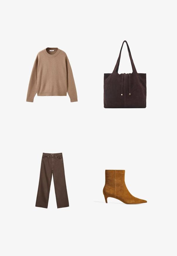 Pehmeä beige pitkähihainen pyöreäkauluksinen villapaita, jossa on ribbireunat manseteissa, helmassa ja kaula-aukoossa, esitetty tasaisena valkoista taustaa vasten.; Leviittävät ruskeat farkut, jotka on valmistettu denimistä, korkea vyötärö, etutaskut ja klassinen nappikiinnitys. Silkkinen pinta hienovaraisella ompelutyöllä.; Ruskeat nahkasaappaat nilkkapituisella varrella, joissa on terävä kärki ja matala, kitten-korko. Muotoilu sisältää sileän pinnan ja saumattoman yläosan.; Mango Shopping bag - dark brown