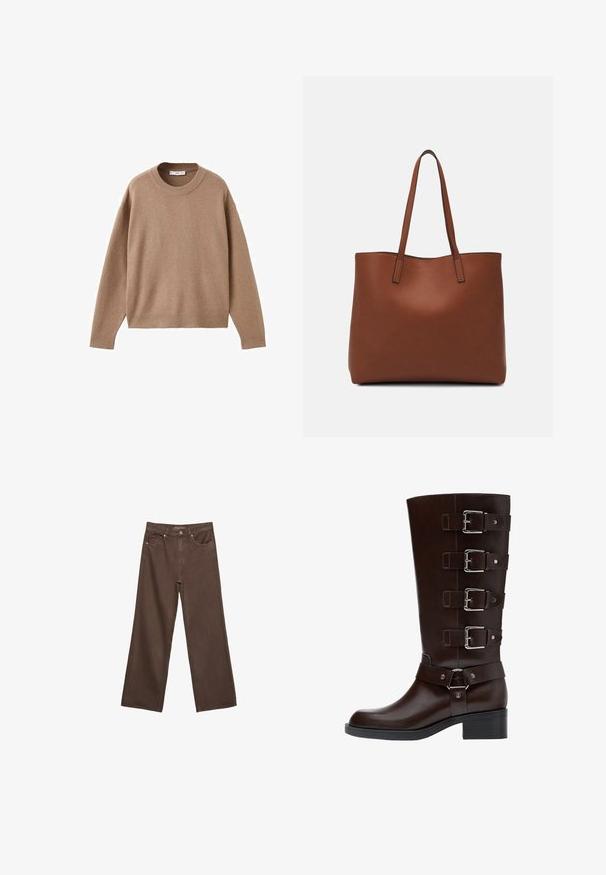 Mehak bež dolg rokav pulover s krožnim izrezom, z rebrastimi manžetami, obrobo in izrezom, prikazan na beeli podlagi.; Široke rjave kavbojke iz denima, ki imajo visok pas, sprednje žepe in klasično zapiranje na gumb. Gladka tekstura s subtilnim šivom.; Temno rjave usnjene škornje do kolen z zaobljenim nosom, štirimi nastavljivimi sponkami in blokastim peto, ki se ponašajo z gladkimi in teksturiranimi površinami.; Rjava usnjena torba z gladko teksturo, odprto zasnovo zgoraj in dvema naramnima trakovoma. Opremljena je z minimalnim šivanjem in brez vidnih kovinskih delov.