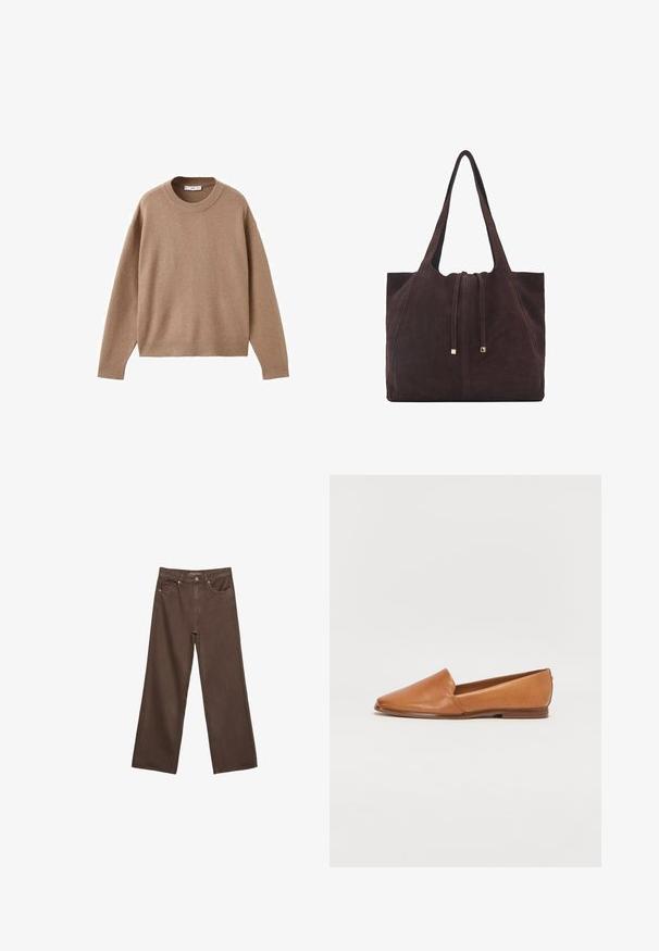 Soft beige long-sleeve crewneck sweater with ribbed cuffs, hem, and neckline, displayed flat on a white background.; Wide-leg brown jeans made of denim, featuring a high waist, front pockets, and a classic button closure. Smooth texture with subtle stitching.; Brown leather flat shoe with a pointed toe design and a low, brown sole. Smooth texture with no visible patterns or hardware.; Mango Tote bag - dark brown