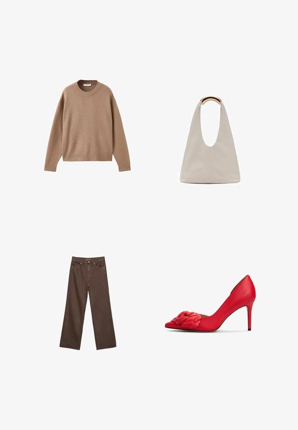Blød beige langærmet crewneck sweater med ribbede manchetter, kant og krave, præsenteret fladt på en hvid baggrund.; Bredde ben brun denim jeans med høj talje, forlommer og klassisk knaplukning. Glat tekstur med diskret syninger.; Rød læder højhælet sko med spids tå og blomsterapplikation på tåboksen. Glat tekstur med stiletto hæl.; Lysegrå lædertaske med et U-formet design og et buet metallisk håndtag. Glat tekstur med minimal syning og ingen synlige mønstre.