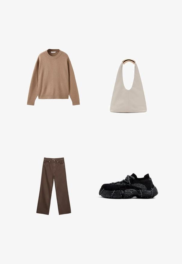 Měkký béžový svetr s dlouhým rukávem a kulatým výstřihem, ribovanými manžetami, lemem a výstřihem, vyložený na bílém pozadí.; Hnědé džíny s širokými nohavicemi vyrobené z denimu, s vysokým pasem, předními kapsami a klasickým zapínáním na knoflík. Hladká textura s jemným švem.; Černé sportovní boty s texturovaným syntetickým svrškem a skvrnitou černou gumovou podešví. Mají elastické šněrování a nízký střih.; Světlá šedá kožená taška s U-tvarovaným designem a zakřivenou kovovou rukojetí. Hladký povrch s minimálním šitím a bez viditelných vzorů.