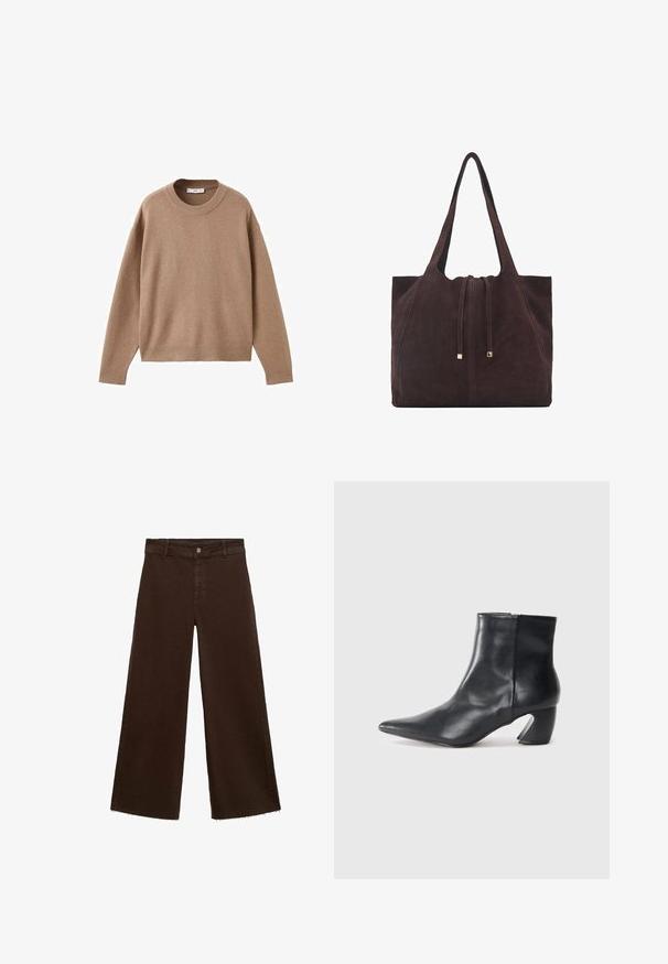 Mehak bež dolg rokav pulover s krožnim izrezom, z rebrastimi manžetami, obrobo in izrezom, prikazan na beeli podlagi.; Rjave široke hlače iz mešanice bombaža, z raztrganim robom, sprednjim gumbom in klasičnim dizajnom s petimi žepi. Minimalistične in vsestranske.; Črne usnjene gležnjarje s koničastim nosom, vitko silhueto in značilnim geometrijskim blokastim peto. Gladka tekstura z stranskim zadrgo.; Mango Torba za nakupovanje - dark brown