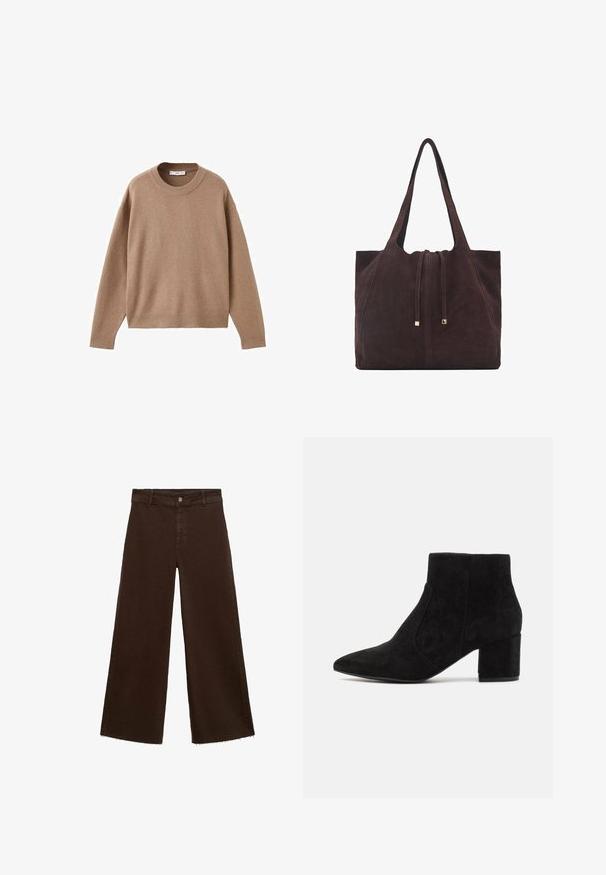 Soft beige long-sleeve crewneck sweater with ribbed cuffs, hem, and neckline, displayed flat on a white background.; Brown wide-leg trousers in cotton blend, featuring a frayed hem, front button closure, and classic five-pocket design. Minimalistic and versatile.; Black suede ankle boots featuring a pointed toe and block heel. The design is sleek with seamless side panels, creating a minimalist look.; Mango Tote bag - dark brown