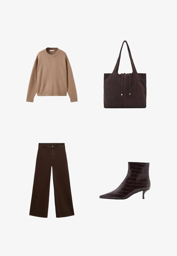 Nježni bež džemper dugih rukava s okruglim izrezom, s rebrastim manžetama, donjim rubom i izrezom, prikazan ravno na bijeloj pozadini.; Smeđe široke hlače od pamuka, s raspucanim rubom, prednjim kopčanjem na dugme i klasičnim dizajnom s pet džepova. Minimalističke i svestrane.; Crne čizme do gležnja od kože s uzorkom krokodila, s oštrim vrhom i kratkom, tankom petom. Glatka tekstura s istaknutim uzorkom i elegantnim dizajnom.; Mango Velika torba - dark brown