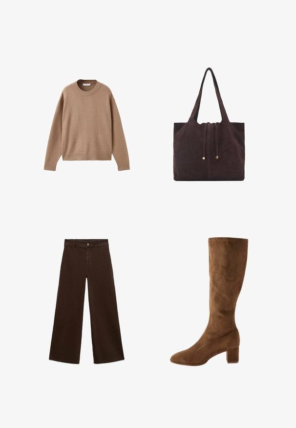 Soft beige long-sleeve crewneck sweater with ribbed cuffs, hem, and neckline, displayed flat on a white background.; Brown wide-leg trousers in cotton blend, featuring a frayed hem, front button closure, and classic five-pocket design. Minimalistic and versatile.; Brown suede knee-high boot with a tapered toe and block heel, featuring a smooth texture and clean stitching along the edges.; Mango Tote bag - dark brown