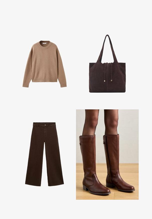 Mehak bež dolg rokav pulover s krožnim izrezom, z rebrastimi manžetami, obrobo in izrezom, prikazan na beeli podlagi.; Rjave široke hlače iz mešanice bombaža, z raztrganim robom, sprednjim gumbom in klasičnim dizajnom s petimi žepi. Minimalistične in vsestranske.; Anna Field LEATHER - Škornji - brown; Mango Torba za nakupovanje - dark brown