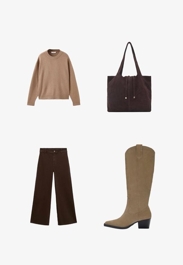 Weicher beiger Langarm-Pullover mit Rundhalsausschnitt, übersichtlich auf einem weißen Hintergrund präsentiert, mit gerippten Bündchen, Saum und Kragen.; Braune, weit geschnittene Hosen aus Baumwollmischung mit fransigem Saum, vorderem Knopfverschluss und klassischem Fünf-Taschen-Design. Minimalistisch und vielseitig.; Knöchelhohe, sandfarbene Wildlederstiefel mit spitzer Zehenform, gestapeltem Absatz und genähten Details an den Seiten. Glatte Textur und strukturierte Form.; Mango Shopping Bag - dark brown