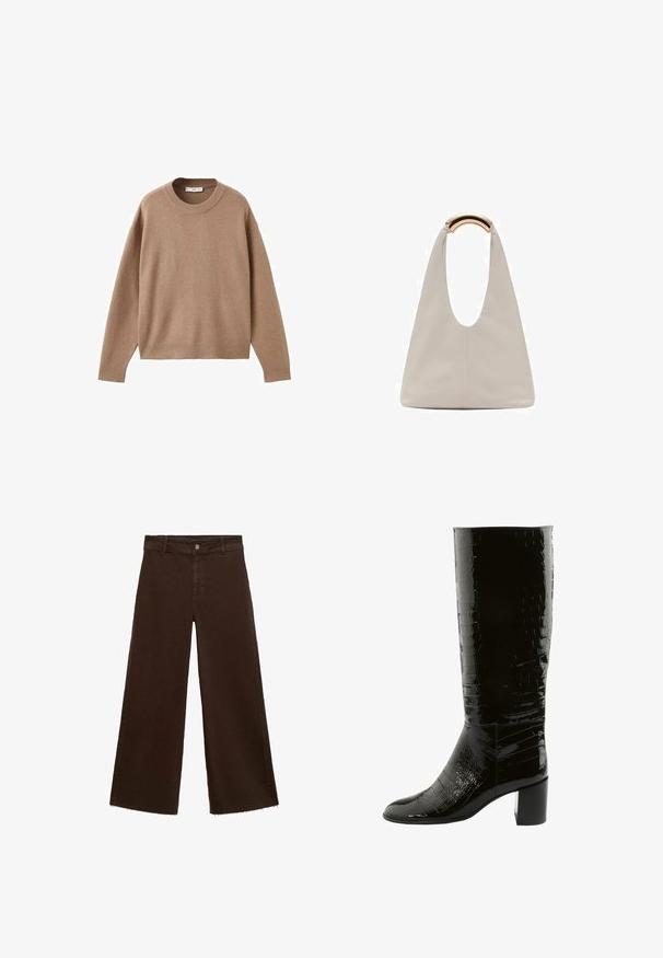 Weicher beiger Langarm-Pullover mit Rundhalsausschnitt, übersichtlich auf einem weißen Hintergrund präsentiert, mit gerippten Bündchen, Saum und Kragen.; Braune, weit geschnittene Hosen aus Baumwollmischung mit fransigem Saum, vorderem Knopfverschluss und klassischem Fünf-Taschen-Design. Minimalistisch und vielseitig.; Schwarze kniehohe Stiefel mit glänzender Krokodiltextur und quadratischem Absatz. Elegantes Design mit abgerundeter Zehenpartie und glatter Oberfläche.; Hellgraue Lederhandtasche mit einem U-förmigen Design und einem geschwungenen, metallischen Griff. Glatte Textur mit minimalen Nähten und ohne sichtbare Muster.