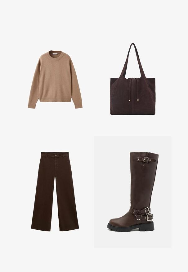 Weicher beiger Langarm-Pullover mit Rundhalsausschnitt, übersichtlich auf einem weißen Hintergrund präsentiert, mit gerippten Bündchen, Saum und Kragen.; Braune, weit geschnittene Hosen aus Baumwollmischung mit fransigem Saum, vorderem Knopfverschluss und klassischem Fünf-Taschen-Design. Minimalistisch und vielseitig.; RAID WESTINN - Plateaustiefel - brown; Mango Shopping Bag - dark brown