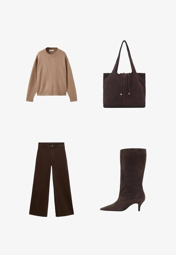Mjuk beige långärmad tröja med rund halsringning, med ribbade muddar, fåll och halsringning, uppvisad liggandes på en vit bakgrund.; Bruna breda byxor i bomullsblandning med fransar vid fållen, framknäppning och klassisk femfickdesign. Minimalistiska och mångsidiga.; Brun mocka knähög stövel med spetsig tå och medelhög klack, med en slät textur och elegant design.; Mango Shoppingväska - dark brown