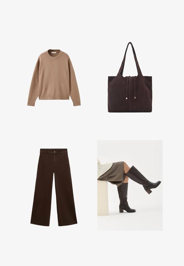 Mehak bež dolg rokav pulover s krožnim izrezom, z rebrastimi manžetami, obrobo in izrezom, prikazan na beeli podlagi.; Rjave široke hlače iz mešanice bombaža, z raztrganim robom, sprednjim gumbom in klasičnim dizajnom s petimi žepi. Minimalistične in vsestranske.; Rjave usnjene čizme do kolen s kvadratnim koncem, debelim peto in božnim zadrgo. Gladka tekstura s sijočim zaključkom.; Mango Torba za nakupovanje - dark brown