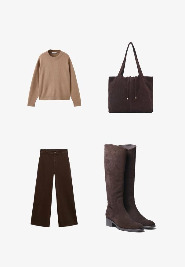Pehmeä beige pitkähihainen pyöreäkauluksinen villapaita, jossa on ribbireunat manseteissa, helmassa ja kaula-aukoossa, esitetty tasaisena valkoista taustaa vasten.; Ruskeat leveät housut puuvillasekoituksesta, joissa on revitty helma, etunappikiinnitys ja perinteinen viisi-taskuinen muotoilu. Minimalistiset ja monikäyttöiset.; Ruskohvased nahast kuni põlveni ulatuvad saapad, millel on veidi ümar nina ja madal plokkkonts. Küljel on peened tikandid.; Mango Shopping bag - dark brown
