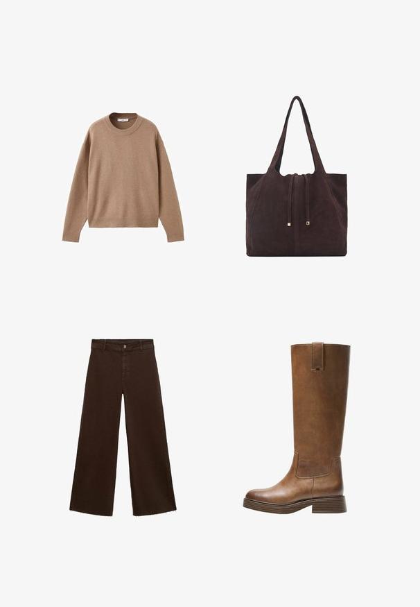 Soft beige long-sleeve crewneck sweater with ribbed cuffs, hem, and neckline, displayed flat on a white background.; Brown wide-leg trousers in cotton blend, featuring a frayed hem, front button closure, and classic five-pocket design. Minimalistic and versatile.; Brown leather knee-high boot with a rounded toe, textured surface, and a stacked low heel. Features a side panel and pull tab at the top.; Mango Tote bag - dark brown