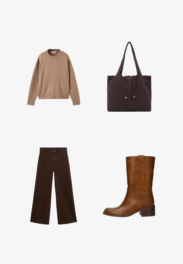 Zachte beige lange mouw crewneck trui met geribbelde manchetten, zoom en halslijn, plat weergegeven op een witte achtergrond.; Bruine wijde broek in katoenmix, met een rafelige zoom, sluiting met een knoop aan de voorkant en een klassieke vijf-pocketstijl. Minimalistisch en veelzijdig.; Bruine leren enkellaars met een ronde neus, lage blokhak en zijnaadstiksels. Bevat een verticale bandaccent aan de achterkant.; Mango Shopper - dark brown