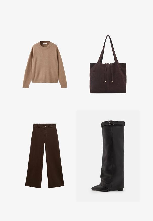 Měkký béžový svetr s dlouhým rukávem a kulatým výstřihem, ribovanými manžetami, lemem a výstřihem, vyložený na bílém pozadí.; Hnědé kalhoty širokého střihu z bavlněné směsi, s třepicí na lemu, předním zapínáním na knoflík a klasickým designem pěti kapes. Minimalistické a univerzální.; Steve Madden CORENNE - Kozačky na vysokém podpatku - black; Mango Velká kabelka - dark brown