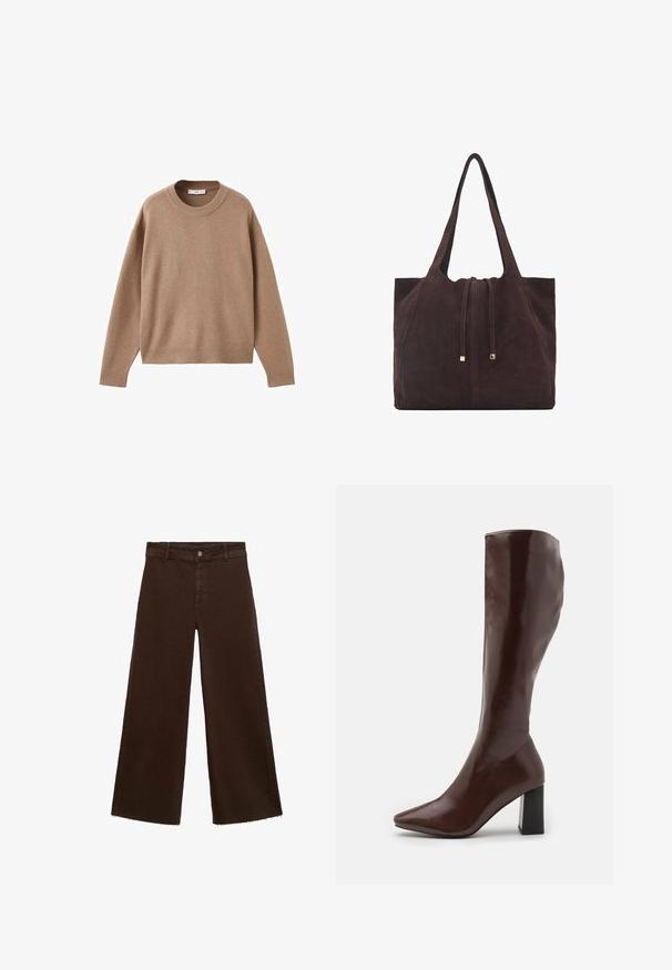 Zachte beige lange mouw crewneck trui met geribbelde manchetten, zoom en halslijn, plat weergegeven op een witte achtergrond.; Bruine wijde broek in katoenmix, met een rafelige zoom, sluiting met een knoop aan de voorkant en een klassieke vijf-pocketstijl. Minimalistisch en veelzijdig.; RAID HETTIE - Laarzen - brown; Mango Shopper - dark brown