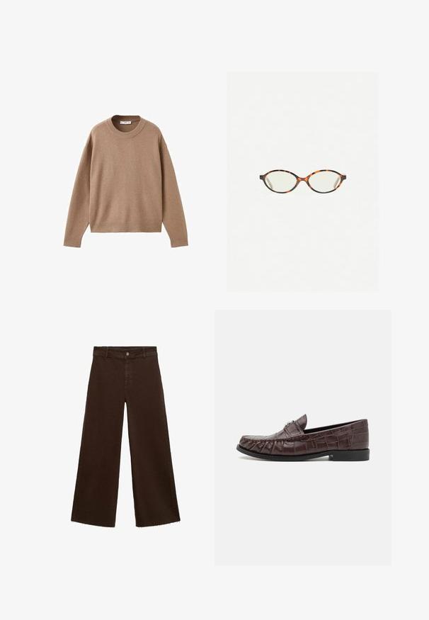 Soft beige long-sleeve crewneck sweater with ribbed cuffs, hem, and neckline, displayed flat on a white background.; Brown wide-leg trousers in cotton blend, featuring a frayed hem, front button closure, and classic five-pocket design. Minimalistic and versatile.; COACH JOLENE EMBOSSED CROC LOAFER - Slip-ons - maple; Tortoiseshell eyeglasses with oval lenses and a sleek, smooth finish. Features thin sides with a subtle curve at the temples. Clear lenses.; Mango Tote bag - dark brown