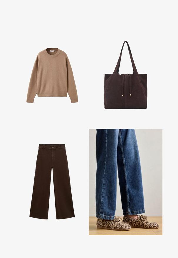 Měkký béžový svetr s dlouhým rukávem a kulatým výstřihem, ribovanými manžetami, lemem a výstřihem, vyložený na bílém pozadí.; Hnědé kalhoty širokého střihu z bavlněné směsi, s třepicí na lemu, předním zapínáním na knoflík a klasickým designem pěti kapes. Minimalistické a univerzální.; Mokasíny s leopardím potiskem vyrobené z semiše, s kulatou špičkou, šněrovacím designem a plochými, flexibilními podrážkami, spárovány s modrými džíny.; Mango Velká kabelka - dark brown