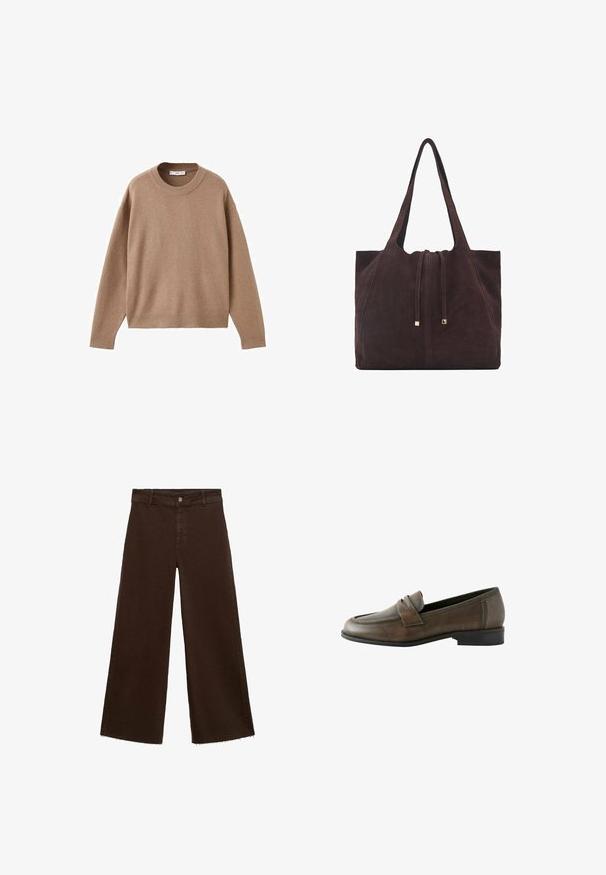 Pehmeä beige pitkähihainen pyöreäkauluksinen villapaita, jossa on ribbireunat manseteissa, helmassa ja kaula-aukoossa, esitetty tasaisena valkoista taustaa vasten.; Ruskeat leveät housut puuvillasekoituksesta, joissa on revitty helma, etunappikiinnitys ja perinteinen viisi-taskuinen muotoilu. Minimalistiset ja monikäyttöiset.; Ruske nahkakengät, joissa on pyöreä kärki, etuosan hihnalaite, liukupohjainen muotoilu ja matala musta korko, joissa on sileä pinta.; Mango Shopping bag - dark brown