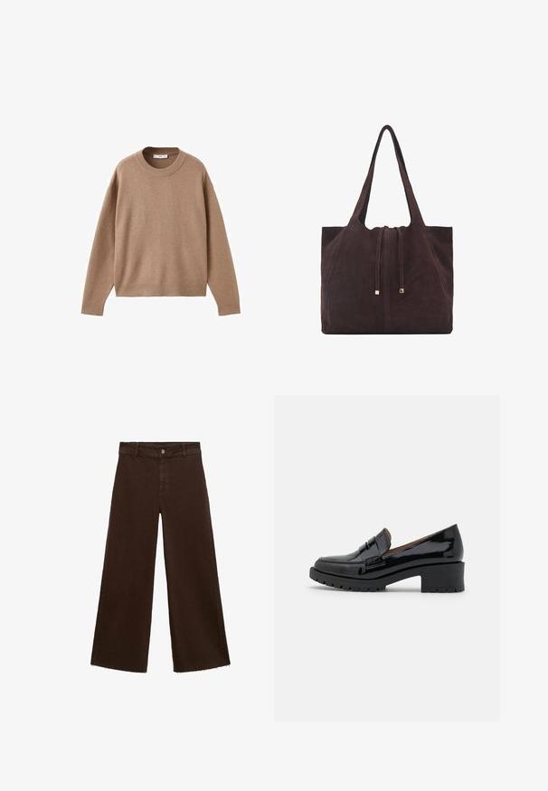 Soft beige long-sleeve crewneck sweater with ribbed cuffs, hem, and neckline, displayed flat on a white background.; Brown wide-leg trousers in cotton blend, featuring a frayed hem, front button closure, and classic five-pocket design. Minimalistic and versatile.; Black patent leather loafers with a low chunky heel, featuring a front strap detail and textured rubber sole for grip.; Mango Tote bag - dark brown