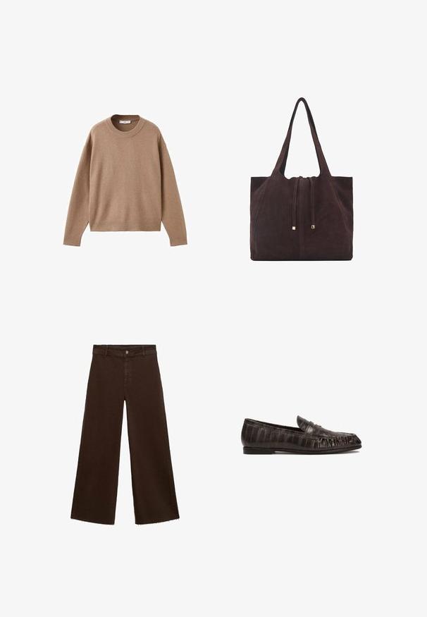 Měkký béžový svetr s dlouhým rukávem a kulatým výstřihem, ribovanými manžetami, lemem a výstřihem, vyložený na bílém pozadí.; Hnědé kalhoty širokého střihu z bavlněné směsi, s třepicí na lemu, předním zapínáním na knoflík a klasickým designem pěti kapes. Minimalistické a univerzální.; Černé kožené mokasíny s texturovaným vzorem připomínajícím krokodýlí kůži, kulatou špičkou a malým, plochým podpatkem. Dekorativní pruh přes nahoře.; Mango Velká kabelka - dark brown