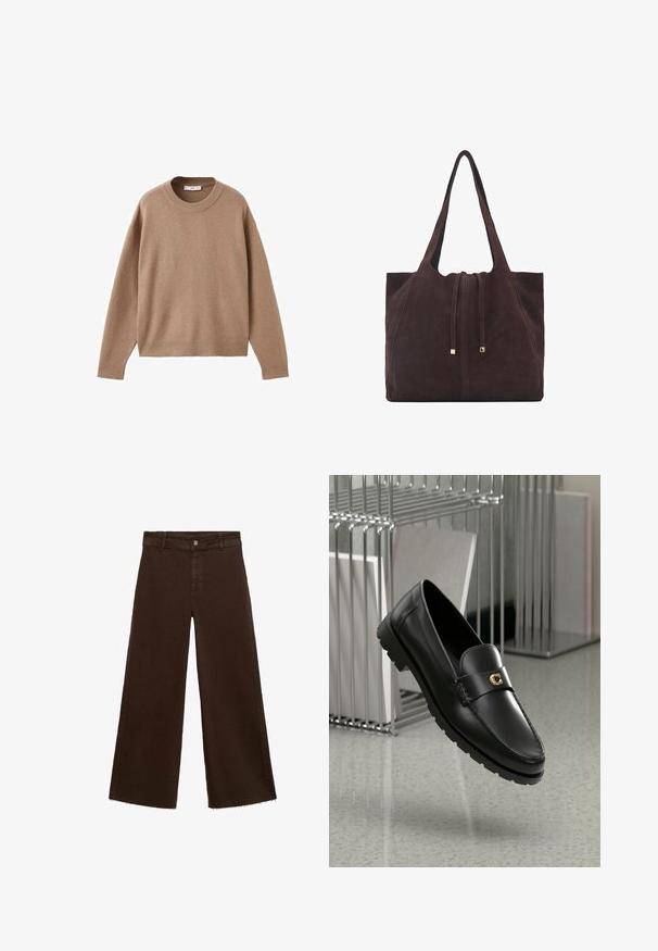 Pulover bej deschis cu mâneci lungi și gât rotund, cu manșete, tiv și guler ribb. Este expus plat pe un fundal alb.; Pantaloni largi maro dintr-un amestec de bumbac, cu un tiv desfăcut, închidere cu buton frontal și un design clasic cu cinci buzunare. Minimalist și versatil.; Loafers din piele neagră cu o cusătură ridicată, logo de accent auriu și curea texturată. Au o talpă din cauciuc groasă și durabilă.; Mango Geantă de pânză - dark brown