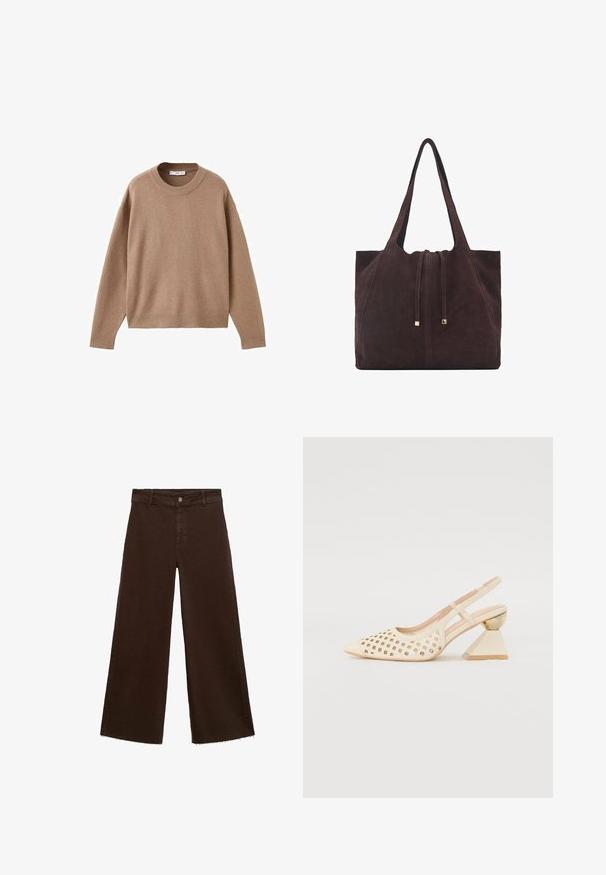 Maglione beige chiaro a maniche lunghe con scollo rotondo, dotato di polsini, orlo e scollatura a coste, presentato piegato su uno sfondo bianco.; Pantaloni larghi marroni in misto cotone, caratterizzati da orlo sfrangiato, chiusura frontale con bottone e classico design a cinque tasche. Minimalisti e versatili.; Scarpa slingback beige con tomaia perforata, punta affilata e un tacco triangolare a contrasto con un accento dorato. Texture liscia nel complesso.; Mango Shopping bag - dark brown