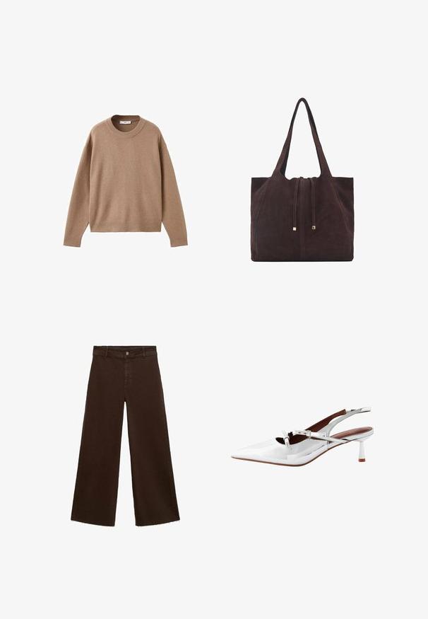 Blød beige langærmet crewneck sweater med ribbede manchetter, kant og krave, præsenteret fladt på en hvid baggrund.; Brune viddebukser i en bomuldsblanding, med en frynset kant, frontknaplukning og klassisk fem-lomme design. Minimalistiske og alsidige.; Hvid patentlæder slingback hæl med spids tå, slank hæl, krydsede stropper og en subtil spænde detalje. Glat, blank finish.; Mango Shopping bags - dark brown