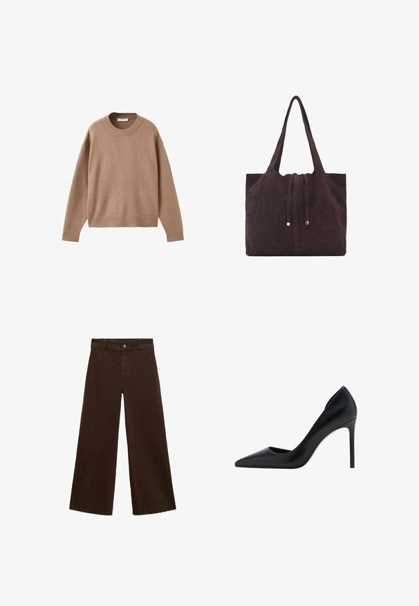 Maglione beige chiaro a maniche lunghe con scollo rotondo, dotato di polsini, orlo e scollatura a coste, presentato piegato su uno sfondo bianco.; Pantaloni larghi marroni in misto cotone, caratterizzati da orlo sfrangiato, chiusura frontale con bottone e classico design a cinque tasche. Minimalisti e versatili.; Mango Decolleté - black; Mango Shopping bag - dark brown