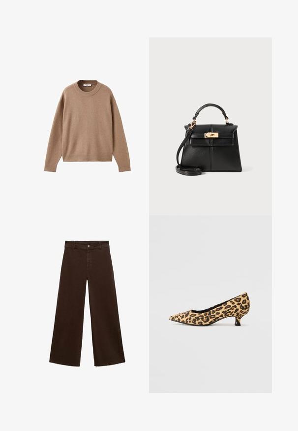 Blød beige langærmet crewneck sweater med ribbede manchetter, kant og krave, præsenteret fladt på en hvid baggrund.; Brune viddebukser i en bomuldsblanding, med en frynset kant, frontknaplukning og klassisk fem-lomme design. Minimalistiske og alsidige.; Marco Tozzi Pumps - beige; Sort læderhåndtaske med en struktureret design, topstrop, aftagelig rem og hårdvarer i guldtonede på en magnetisk lukning.