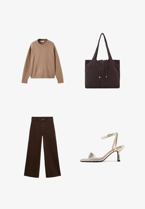 Blød beige langærmet crewneck sweater med ribbede manchetter, kant og krave, præsenteret fladt på en hvid baggrund.; Brune viddebukser i en bomuldsblanding, med en frynset kant, frontknaplukning og klassisk fem-lomme design. Minimalistiske og alsidige.; Gennemsigtig block-heelet sandal med en metallisk guldrem og en dekorativ rhinestone-udsmykning på tåen. Har en transparent overdel.; Mango Shopping bags - dark brown