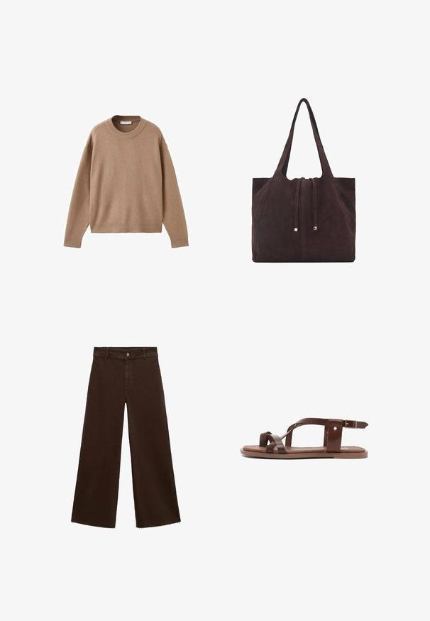 Zachte beige lange mouw crewneck trui met geribbelde manchetten, zoom en halslijn, plat weergegeven op een witte achtergrond.; Bruine wijde broek in katoenmix, met een rafelige zoom, sluiting met een knoop aan de voorkant en een klassieke vijf-pocketstijl. Minimalistisch en veelzijdig.; Bruine leren sandalen met meerdere gekruiste banden, een platte zool en een enkelband met een metalen gesp. Eenvoudig, open ontwerp zonder patronen.; Mango Shopper - dark brown